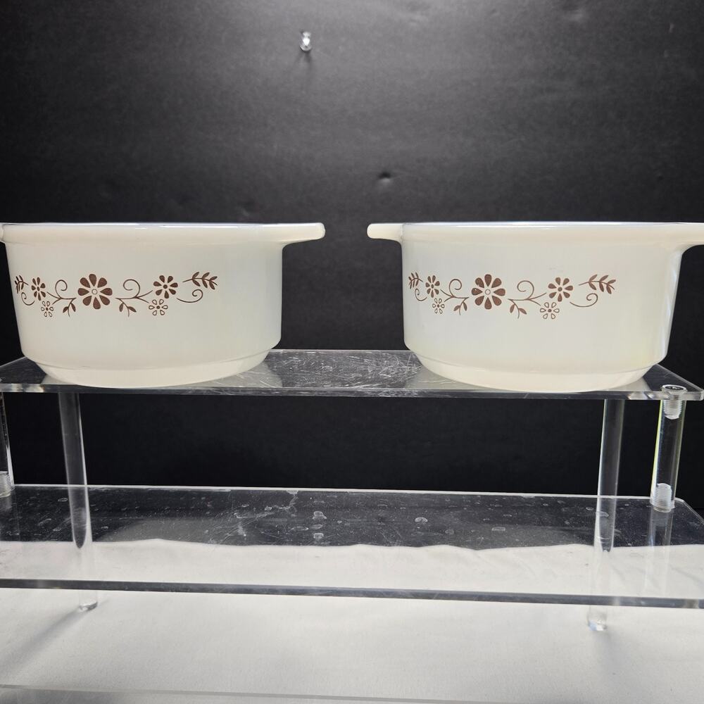 Dynaware Set of 2 PYR-O-REY Pyrorey Milk Glass Casserole Dish Bowls Brown Flower